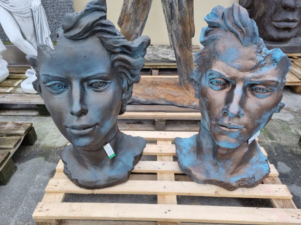 Gartenfigur Gesicht "FRAU und MANN", im Bronzestil, Medium im Set - Original von Vidroflor