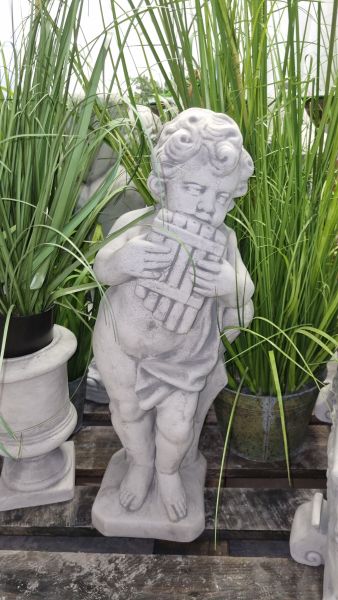 Gartenfigur, Putte, Junge mit Panflöte, antik grau