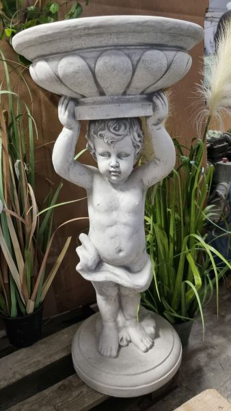Gartenfigur Junge mit Schale zum bepflanzen, antik grau