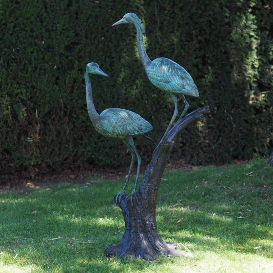 Bronzefigur zwei Reiher auf Baumstamm