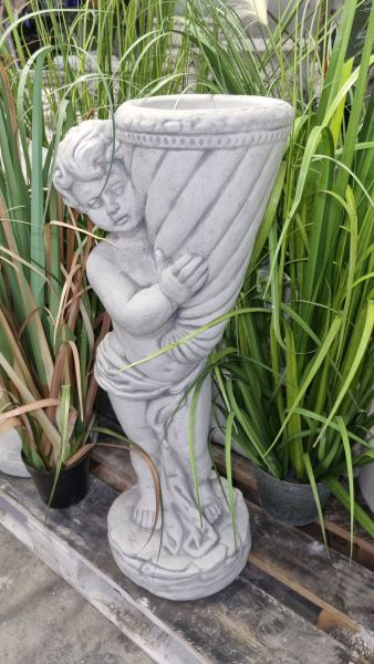 Gartenfigur Junge mit Horn, bepflanzbar, antik grau