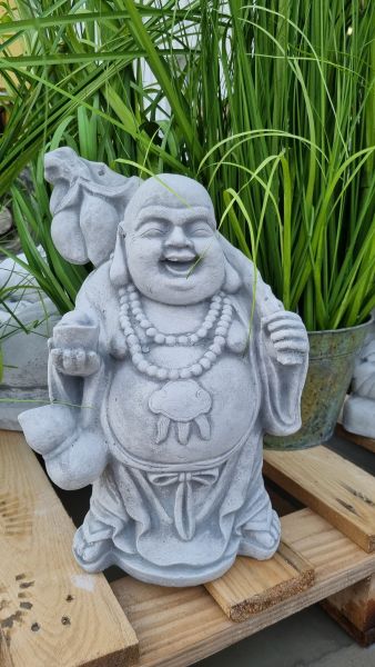 Gartenfigur Buddha, "Hoeti",stehend, klein, antik grau
